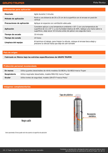 Pintura Aerosol Negro Satín PA-NS 400ml - Anticorrosión Secado Rápido para Metal Madera Plástico - TRUPER Profesional