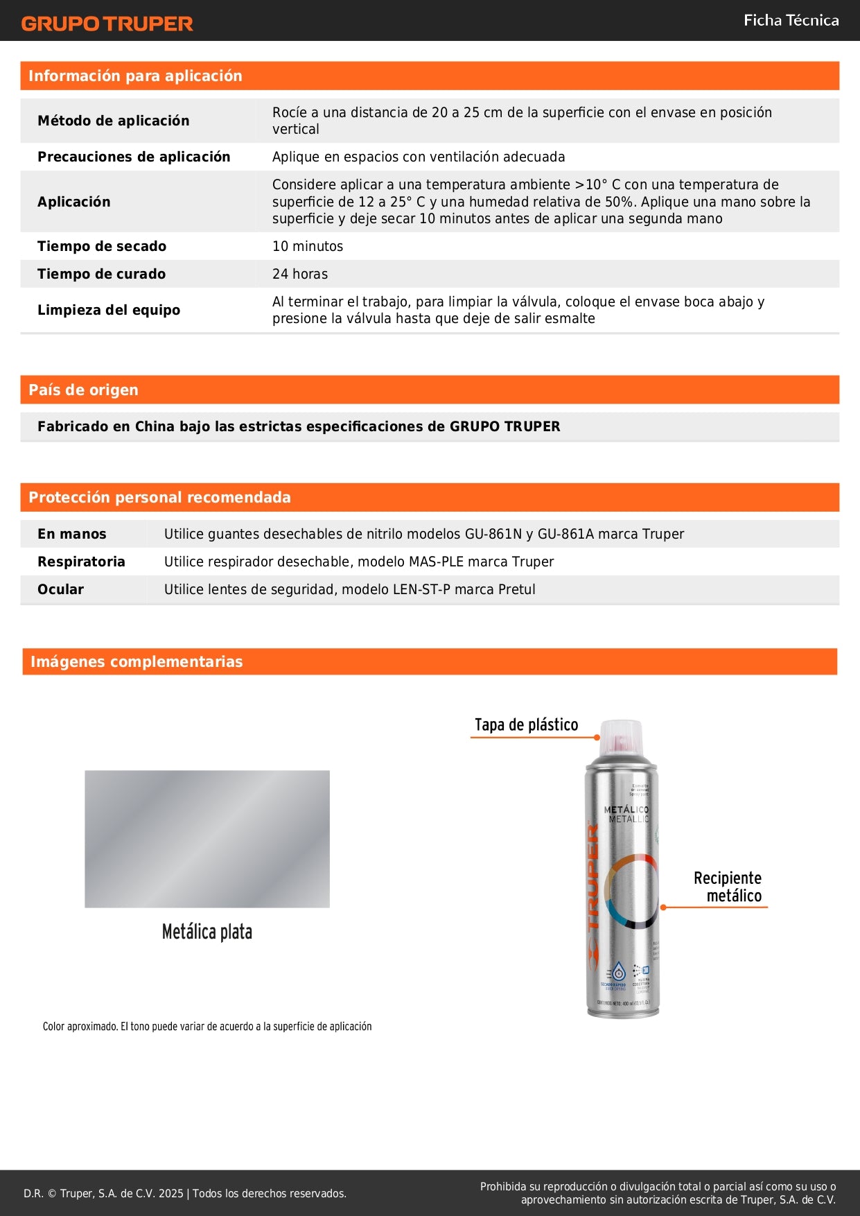 Pintura Aerosol Plata Metálico 400ml PAM-PL - Anticorrosión Secado Rápido para Metal Madera Plástico