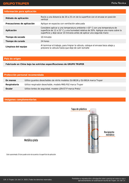 Pintura Aerosol Plata Metálico 400ml PAM-PL - Anticorrosión Secado Rápido para Metal Madera Plástico