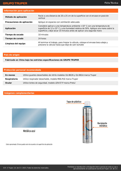 Pintura Aerosol Azul Metálico 400ml PAM-AZ - Anticorrosión Secado Rápido para Metal Madera Plástico