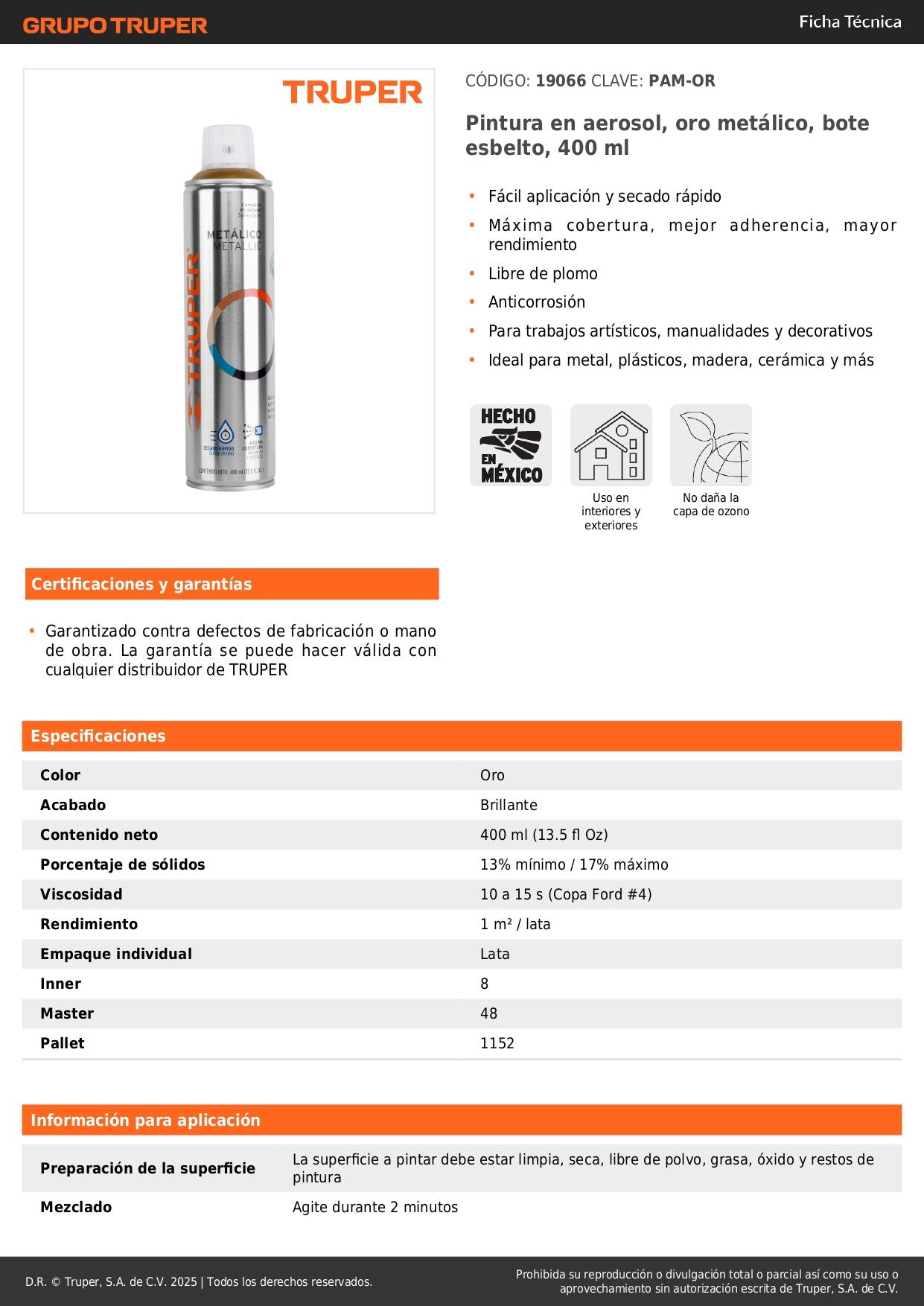 Pintura Aerosol Oro Metálico 400ml PAM-OR - Anticorrosión Secado Rápido para Metal Madera Plástico - Acabado Profesional Manualidades Arte Decoración