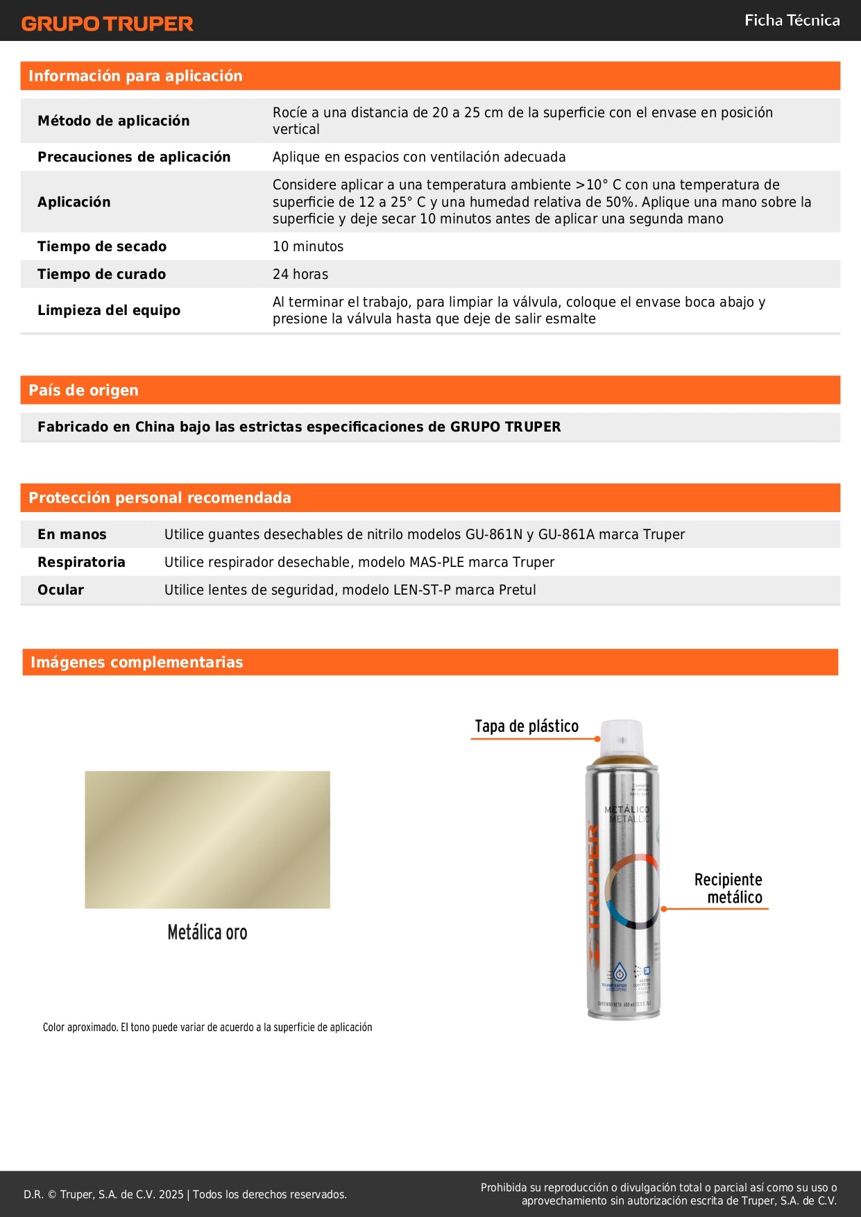 Pintura Aerosol Oro Metálico 400ml PAM-OR - Anticorrosión Secado Rápido para Metal Madera Plástico - Acabado Profesional Manualidades Arte Decoración