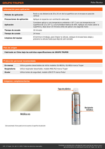 Pintura Aerosol Oro Metálico 400ml PAM-OR - Anticorrosión Secado Rápido para Metal Madera Plástico - Acabado Profesional Manualidades Arte Decoración