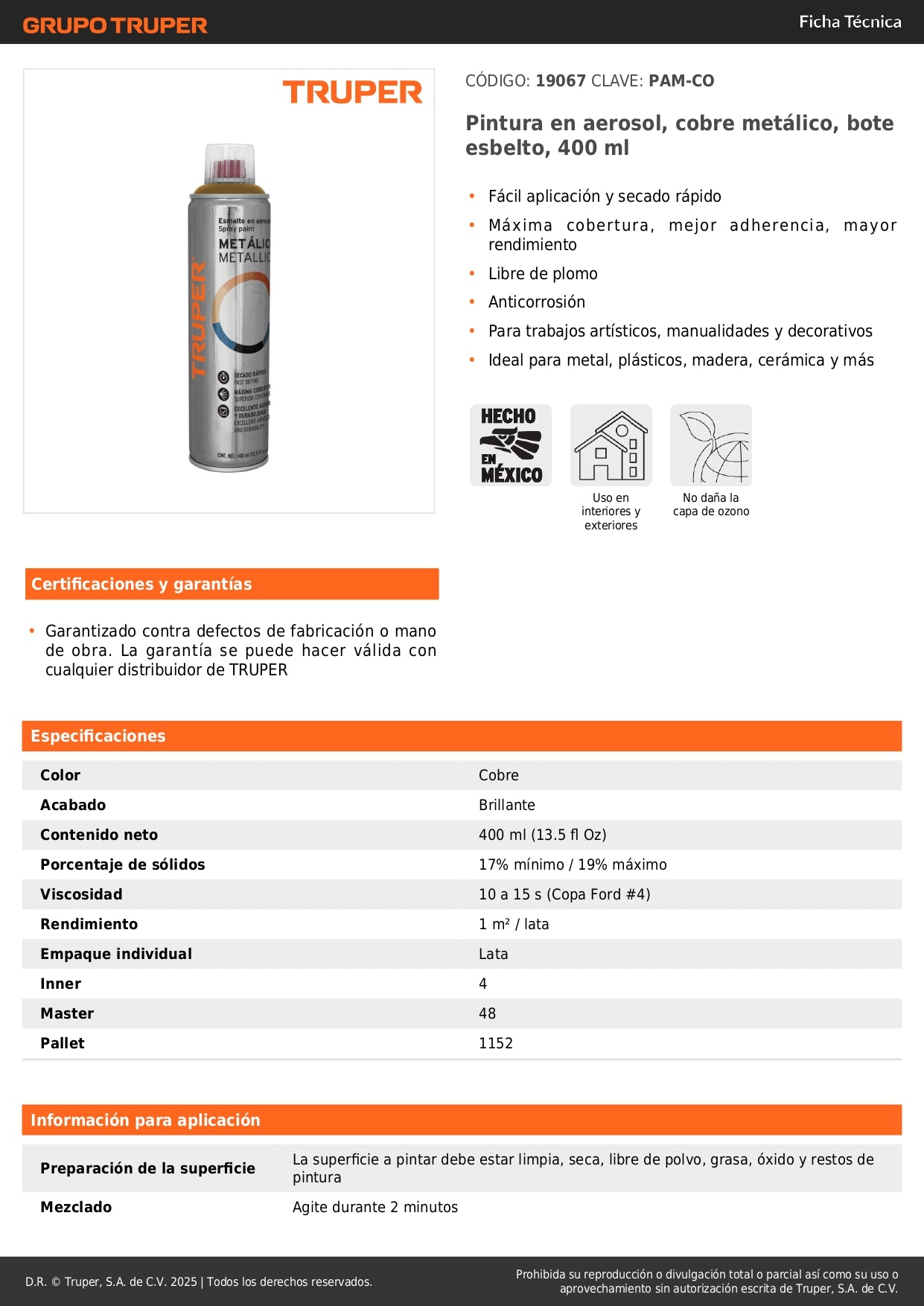 Pintura Aerosol Cobre Metálico 400ml PAM-CO - Anticorrosión Secado Rápido para Metal Madera Plástico