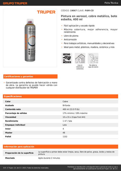 Pintura Aerosol Cobre Metálico 400ml PAM-CO - Anticorrosión Secado Rápido para Metal Madera Plástico