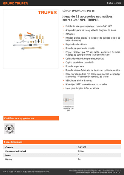 Kit Completo 18 Accesorios Neumáticos TRUPER JAN-18 - Pistola Aire, Inflador, Calibrador - Solución Profesional para Taller Automotriz