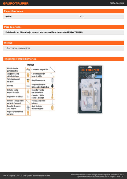Kit Completo 18 Accesorios Neumáticos TRUPER JAN-18 - Pistola Aire, Inflador, Calibrador - Solución Profesional para Taller Automotriz