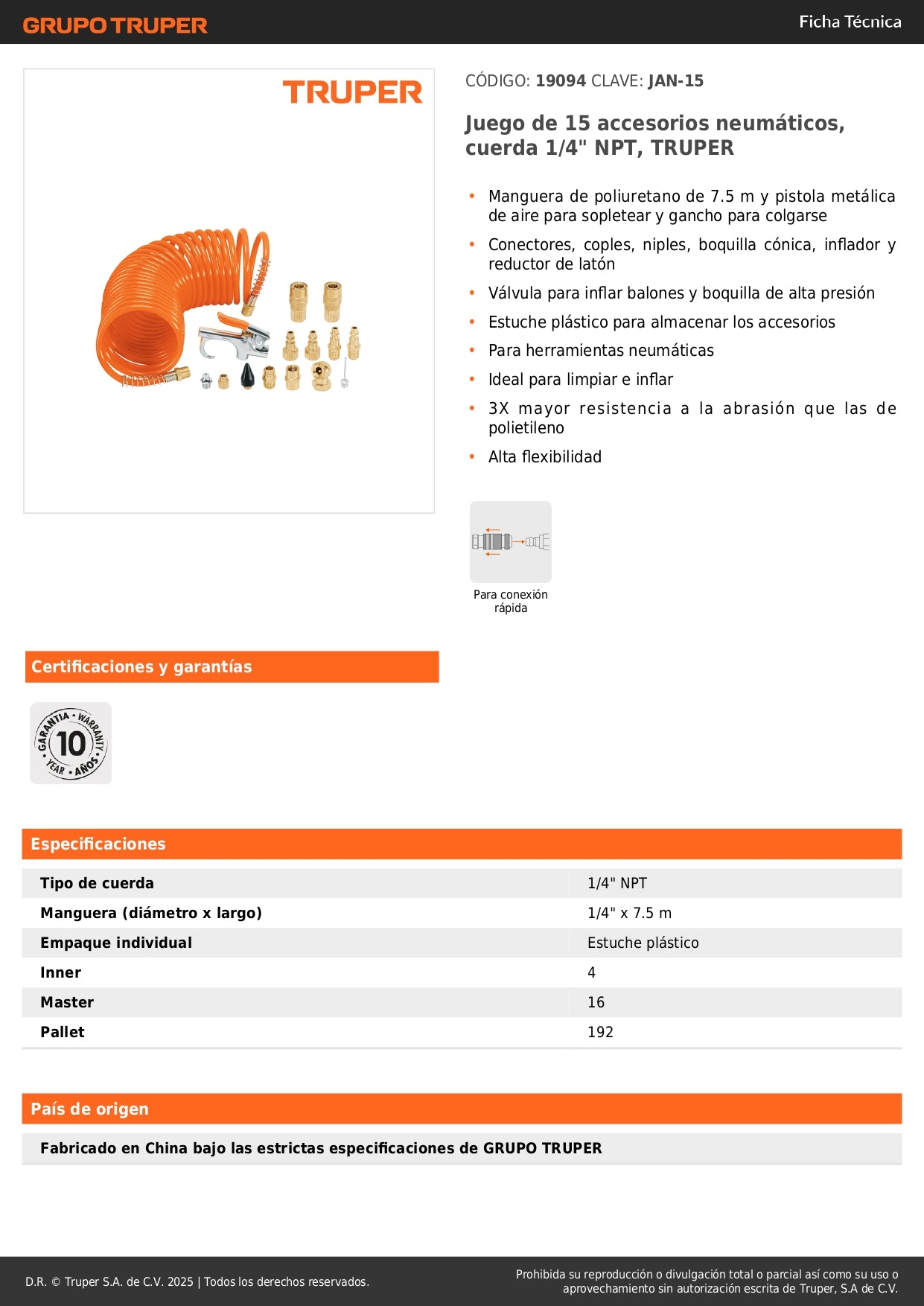 Juego 15 Accesorios Neumáticos TRUPER JAN-15 - Kit Completo Manguera 7.5m + Pistola Aire + Conectores - Solución Profesional para Limpieza e Inflado Industrial