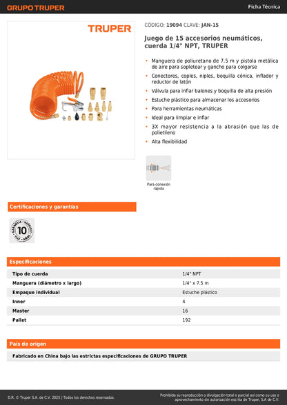 Juego 15 Accesorios Neumáticos TRUPER JAN-15 - Kit Completo Manguera 7.5m + Pistola Aire + Conectores - Solución Profesional para Limpieza e Inflado Industrial