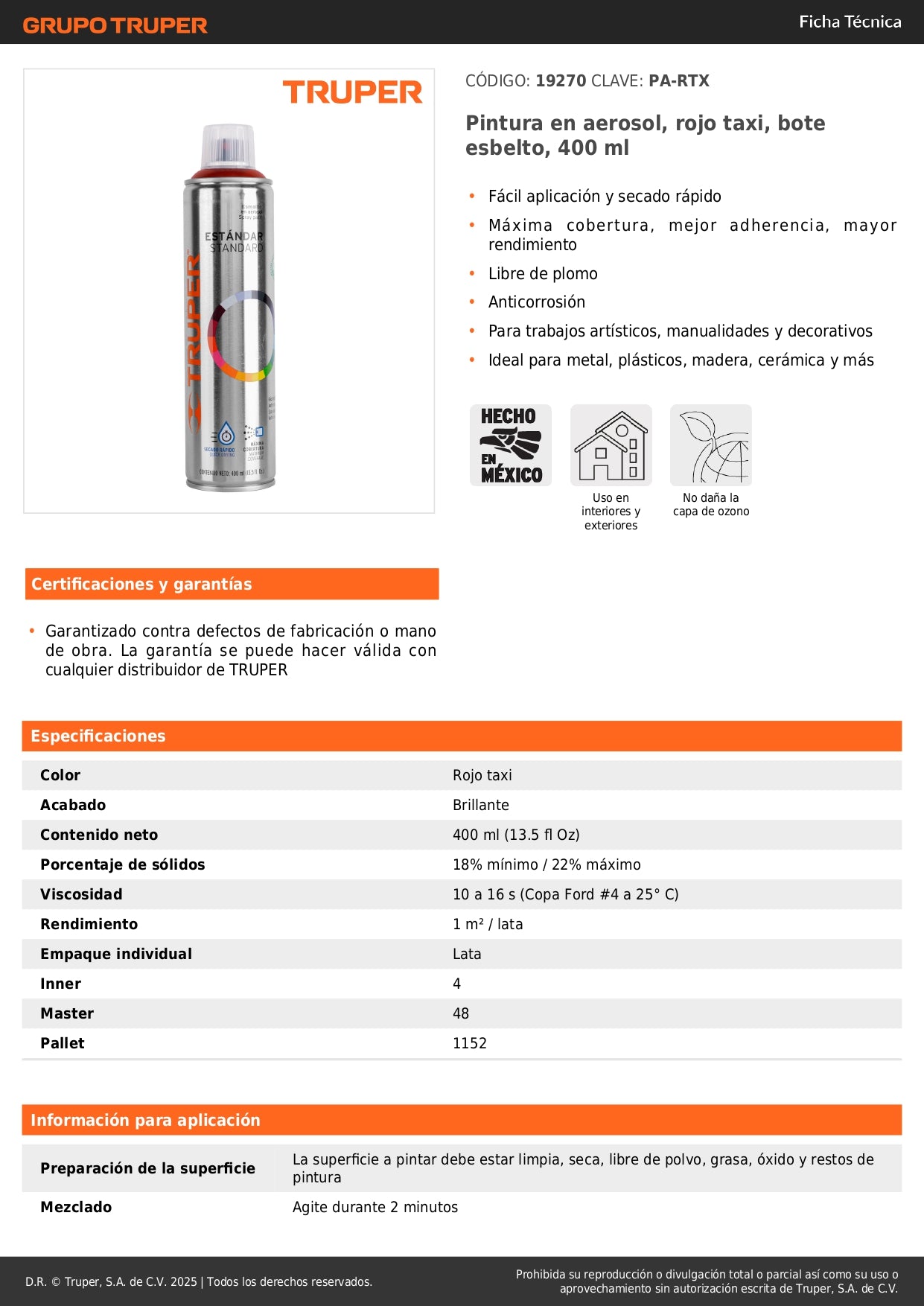 Pintura Aerosol Rojo Taxi PA-RTX 400ml - Anticorrosión Secado Rápido para Metal Plástico Madera - Cobertura Profesional Libre de Plomo