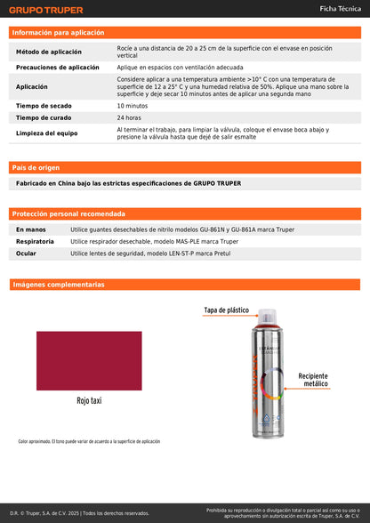 Pintura Aerosol Rojo Taxi PA-RTX 400ml - Anticorrosión Secado Rápido para Metal Plástico Madera - Cobertura Profesional Libre de Plomo