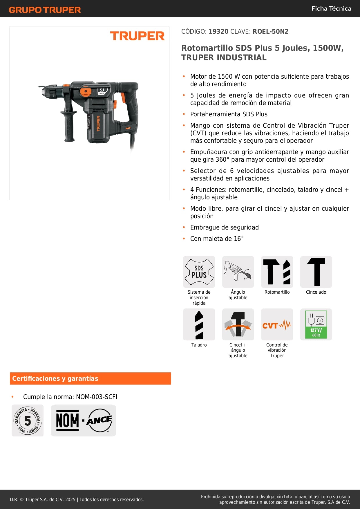 Rotomartillo SDS Plus TRUPER Industrial 1500W 5 Joules - Solución Profesional para Demolición y Perforación en Concreto - Control de Vibración CVT - 6 Velocidades - Modelo ROEL-50N2