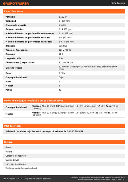 Rotomartillo SDS Plus TRUPER Industrial 1500W 5 Joules - Solución Profesional para Demolición y Perforación en Concreto - Control de Vibración CVT - 6 Velocidades - Modelo ROEL-50N2