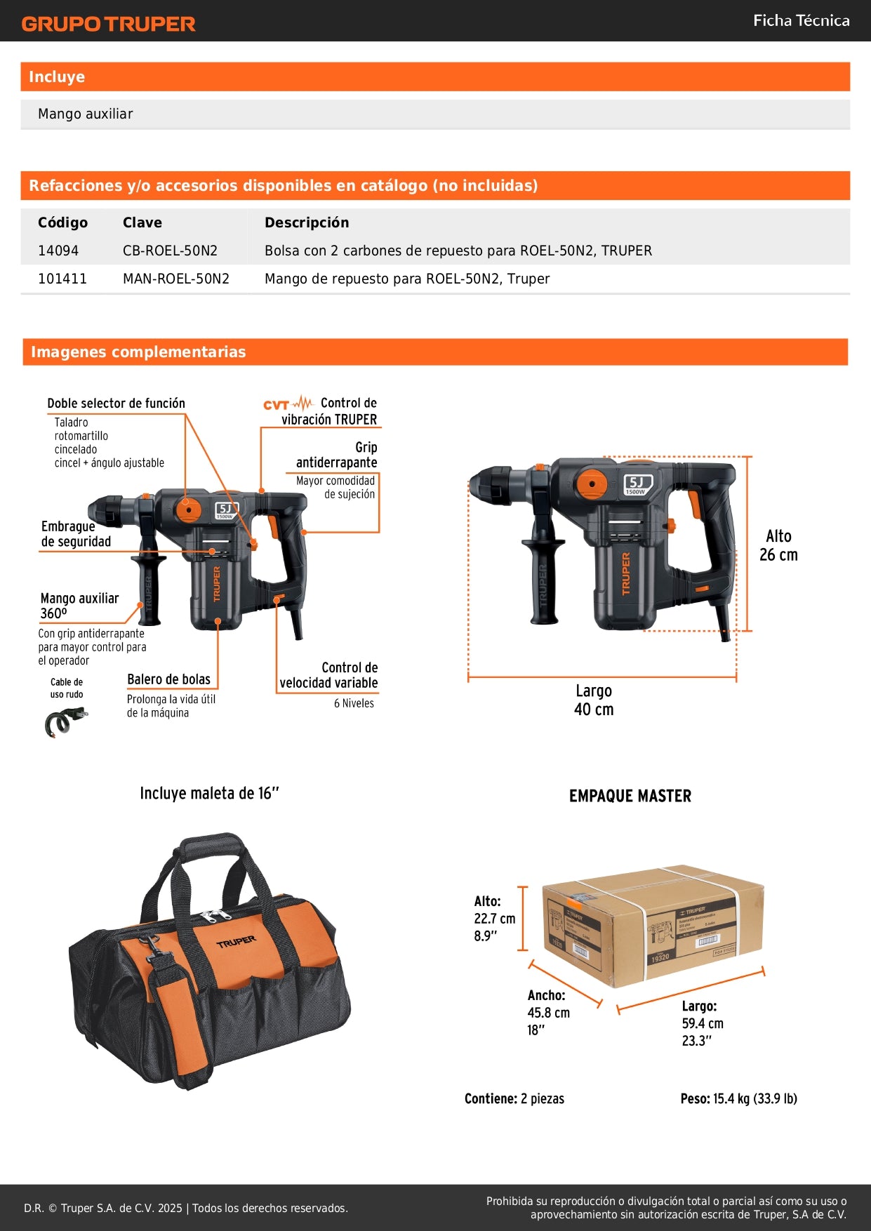 Rotomartillo SDS Plus TRUPER Industrial 1500W 5 Joules - Solución Profesional para Demolición y Perforación en Concreto - Control de Vibración CVT - 6 Velocidades - Modelo ROEL-50N2