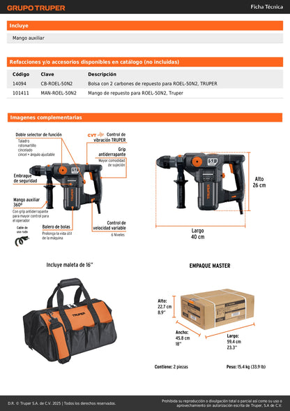 Rotomartillo SDS Plus TRUPER Industrial 1500W 5 Joules - Solución Profesional para Demolición y Perforación en Concreto - Control de Vibración CVT - 6 Velocidades - Modelo ROEL-50N2