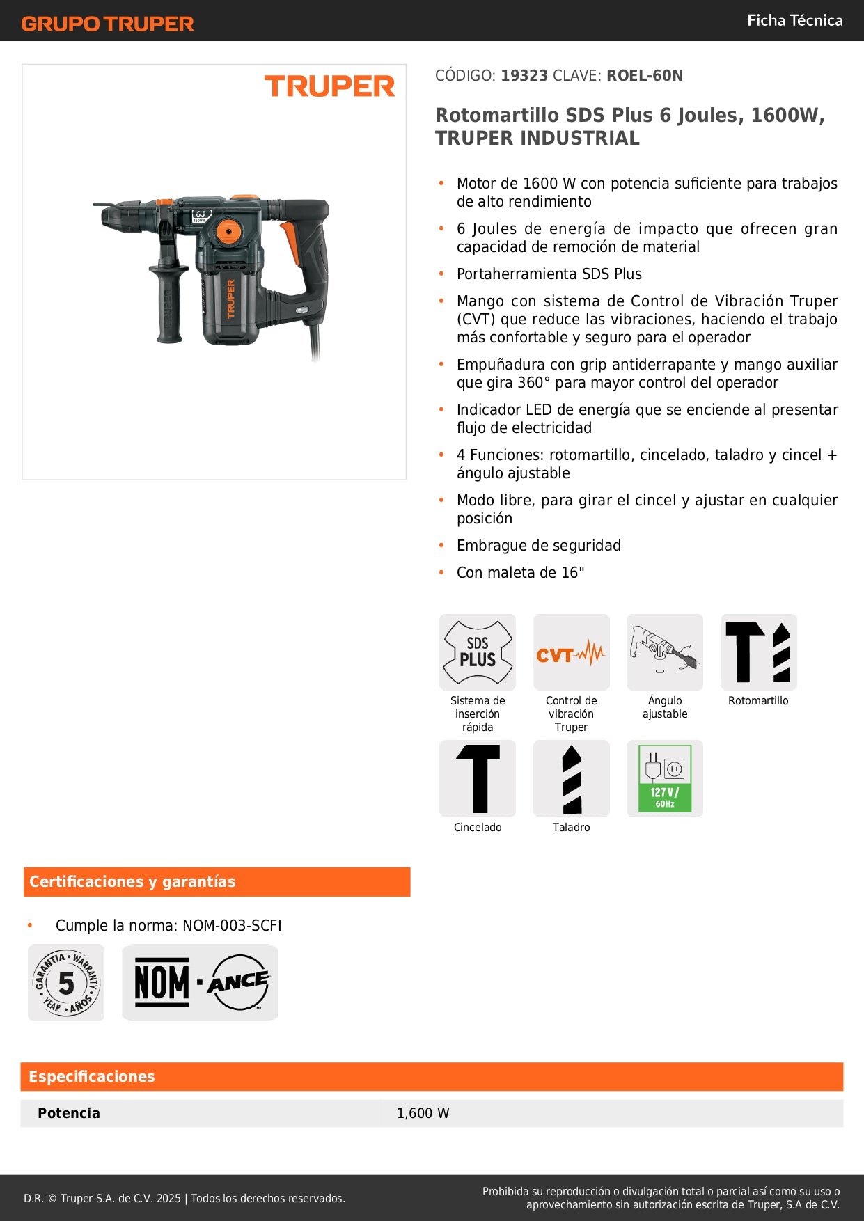 Rotomartillo SDS Plus TRUPER INDUSTRIAL 1600W 6 Joules - Perfora Concreto y Mampostería con Control de Vibración CVT - Incluye Maleta 16" - ROEL-60N