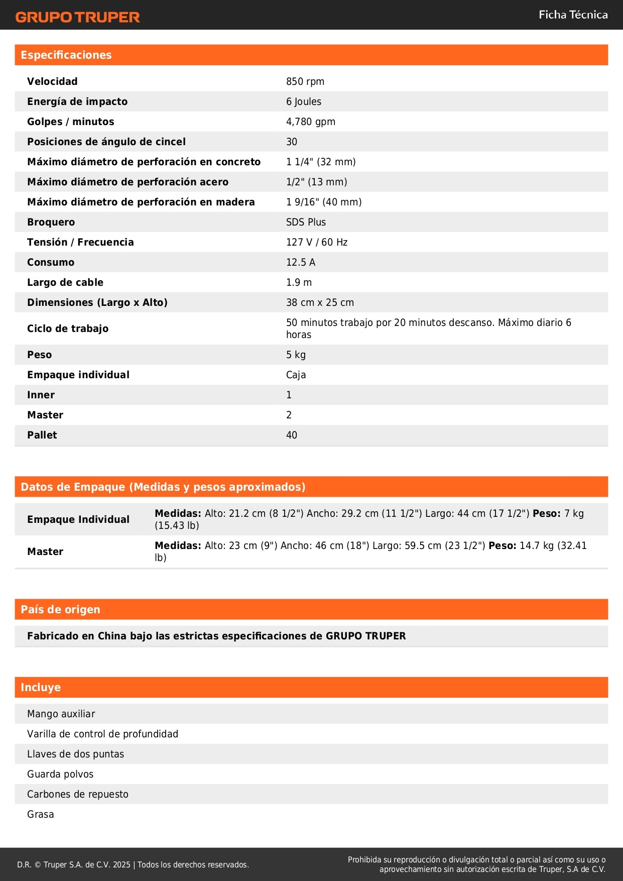 Rotomartillo SDS Plus TRUPER INDUSTRIAL 1600W 6 Joules - Perfora Concreto y Mampostería con Control de Vibración CVT - Incluye Maleta 16" - ROEL-60N