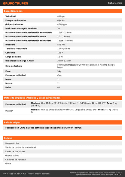 Rotomartillo SDS Plus TRUPER INDUSTRIAL 1600W 6 Joules - Perfora Concreto y Mampostería con Control de Vibración CVT - Incluye Maleta 16" - ROEL-60N