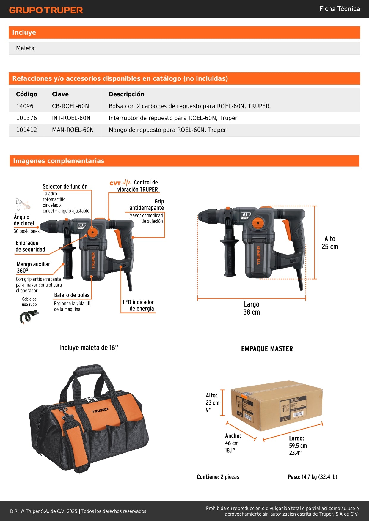 Rotomartillo SDS Plus TRUPER INDUSTRIAL 1600W 6 Joules - Perfora Concreto y Mampostería con Control de Vibración CVT - Incluye Maleta 16" - ROEL-60N