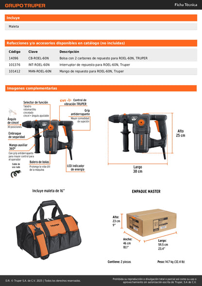 Rotomartillo SDS Plus TRUPER INDUSTRIAL 1600W 6 Joules - Perfora Concreto y Mampostería con Control de Vibración CVT - Incluye Maleta 16" - ROEL-60N