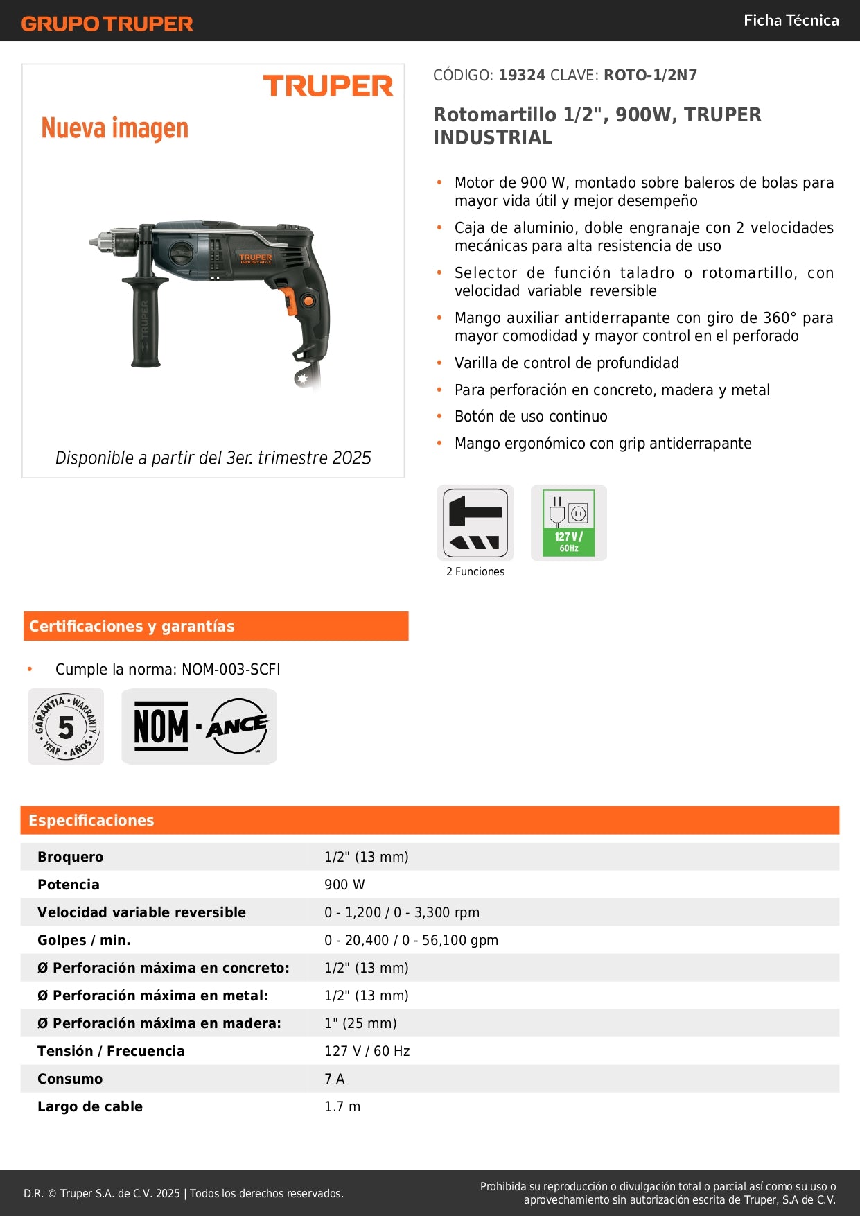 Rotomartillo TRUPER Industrial 1/2 Pulgada 900W - Taladro Percutor Profesional con Doble Velocidad y Mango Ergonómico