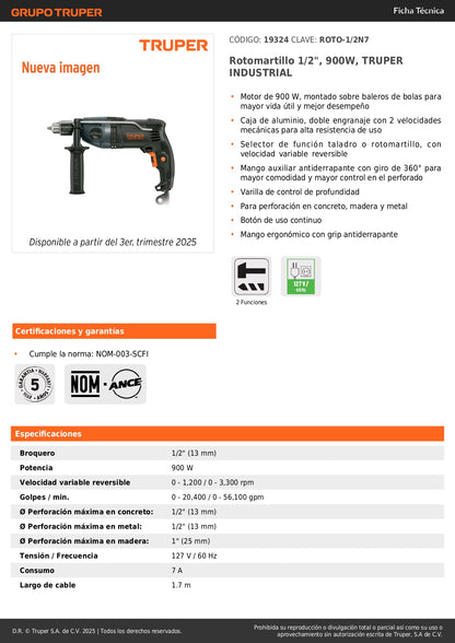 Rotomartillo TRUPER Industrial 1/2 Pulgada 900W - Taladro Percutor Profesional con Doble Velocidad y Mango Ergonómico