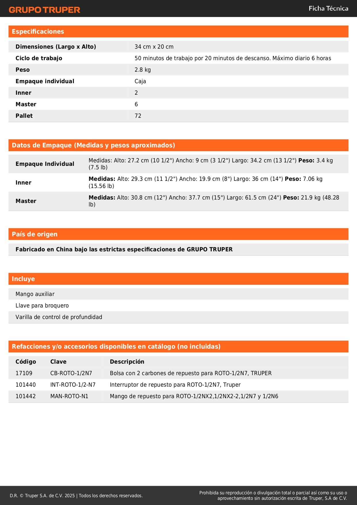Rotomartillo TRUPER Industrial 1/2 Pulgada 900W - Taladro Percutor Profesional con Doble Velocidad y Mango Ergonómico