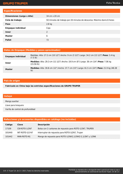 Rotomartillo TRUPER Industrial 1/2 Pulgada 900W - Taladro Percutor Profesional con Doble Velocidad y Mango Ergonómico