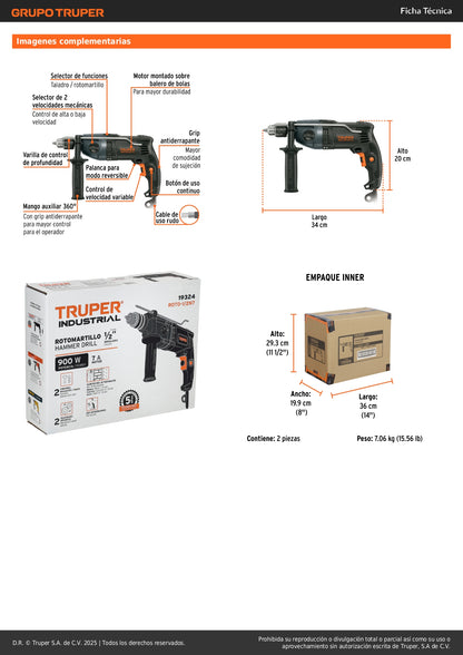 Rotomartillo TRUPER Industrial 1/2 Pulgada 900W - Taladro Percutor Profesional con Doble Velocidad y Mango Ergonómico