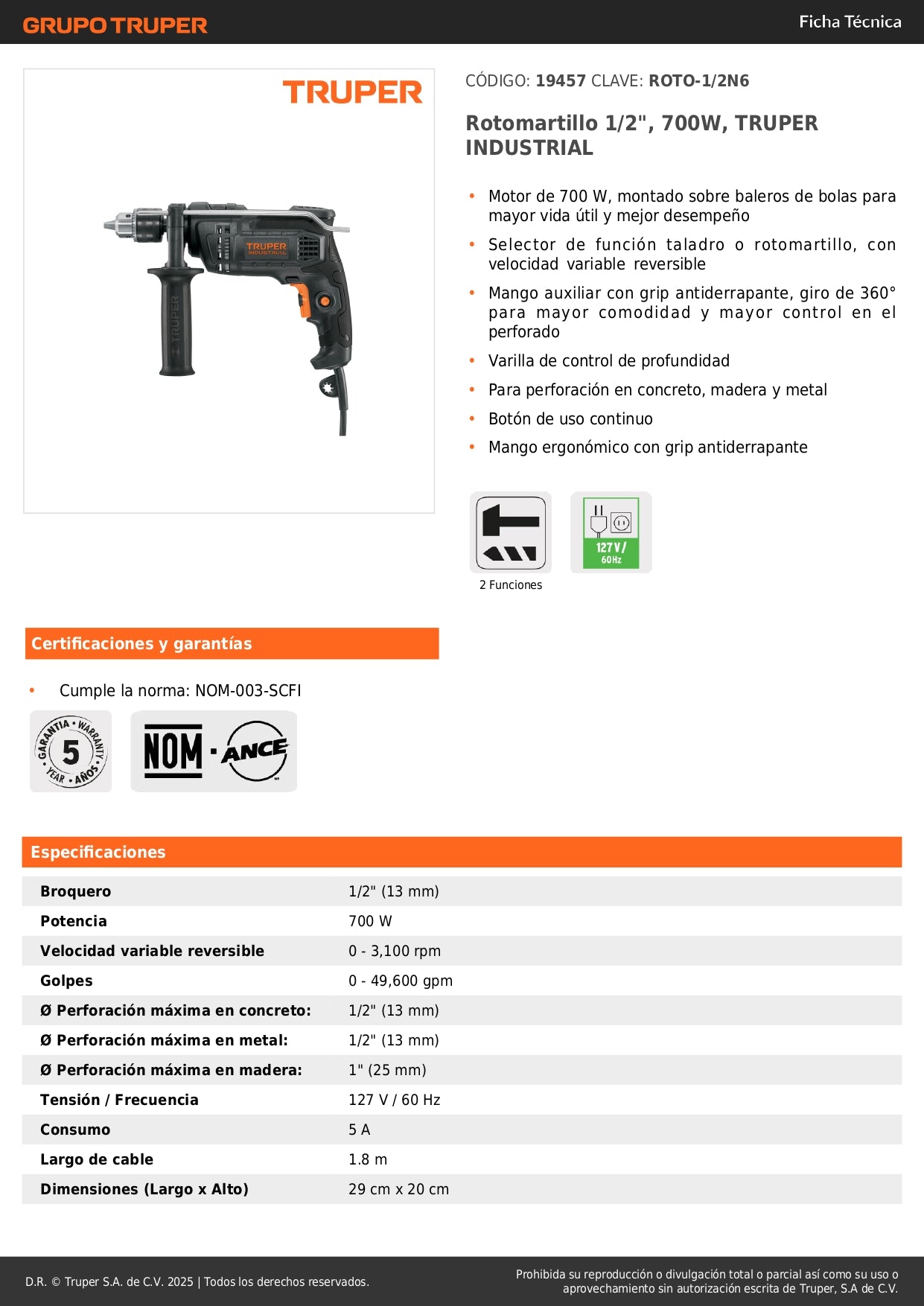 Rotomartillo TRUPER INDUSTRIAL 1/2" 700W - Taladro Percutor Profesional con Velocidad Variable