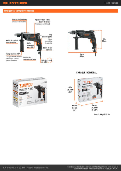 Rotomartillo TRUPER INDUSTRIAL 1/2" 700W - Taladro Percutor Profesional con Velocidad Variable