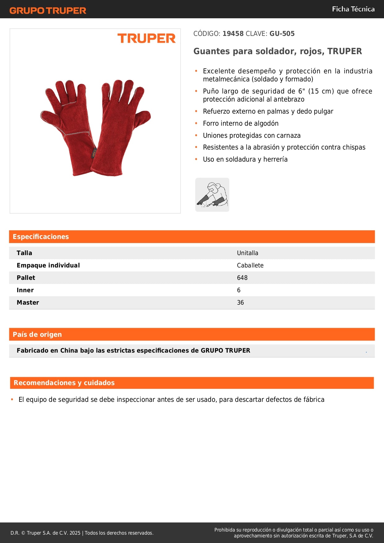 Guantes de Soldador TRUPER Rojos GU-505 - Protección Profesional contra Chispas y Abrasión con Puño Largo 6" para Soldadura y Herrería - Refuerzo en Palmas y Forro de Algodón