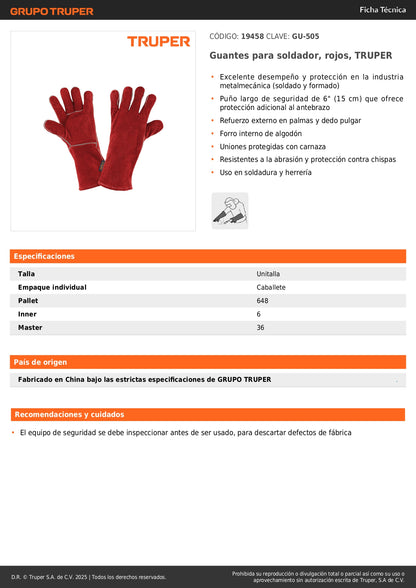 Guantes de Soldador TRUPER Rojos GU-505 - Protección Profesional contra Chispas y Abrasión con Puño Largo 6" para Soldadura y Herrería - Refuerzo en Palmas y Forro de Algodón