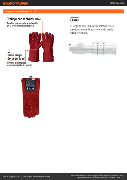 Guantes de Soldador TRUPER Rojos GU-505 - Protección Profesional contra Chispas y Abrasión con Puño Largo 6" para Soldadura y Herrería - Refuerzo en Palmas y Forro de Algodón