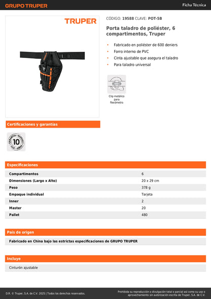 Porta Taladro Profesional Truper 6 Compartimentos - Poliéster 600D Resistente - Solución Completa para Organizar y Transportar Herramientas