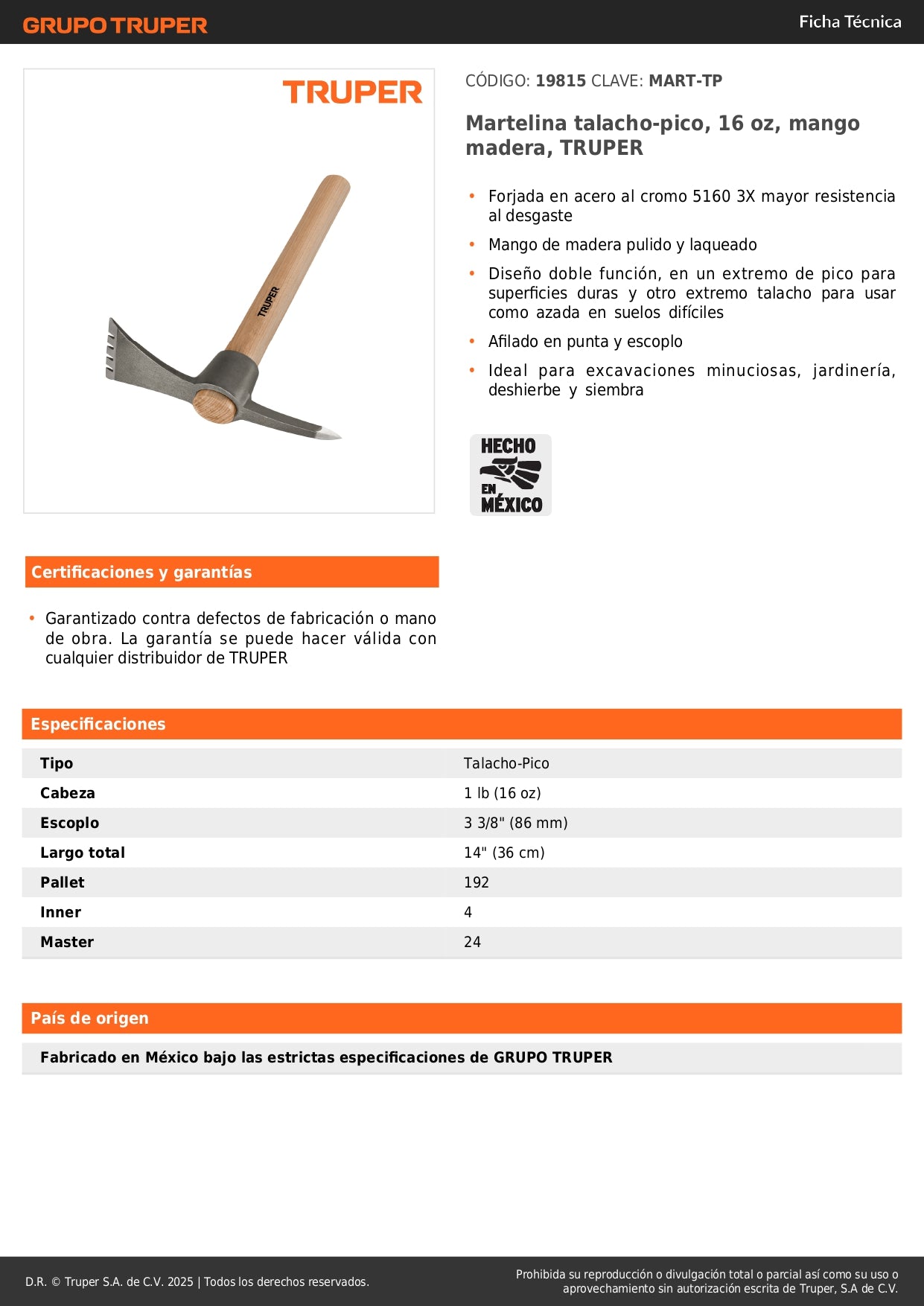 Martelina Talacho-Pico TRUPER 16oz - Herramienta Doble Función para Excavación, Jardinería y Deshierbe - Acero Cromo 5160 Resistente