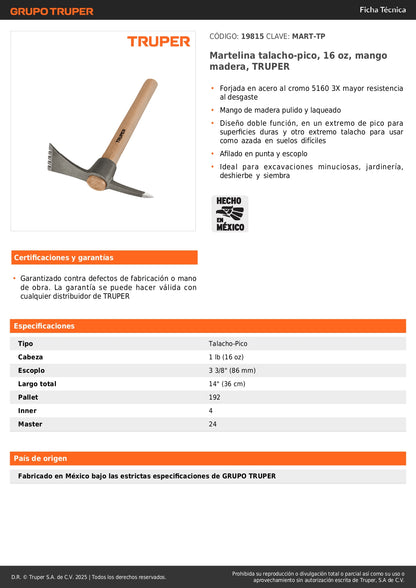 Martelina Talacho-Pico TRUPER 16oz - Herramienta Doble Función para Excavación, Jardinería y Deshierbe - Acero Cromo 5160 Resistente