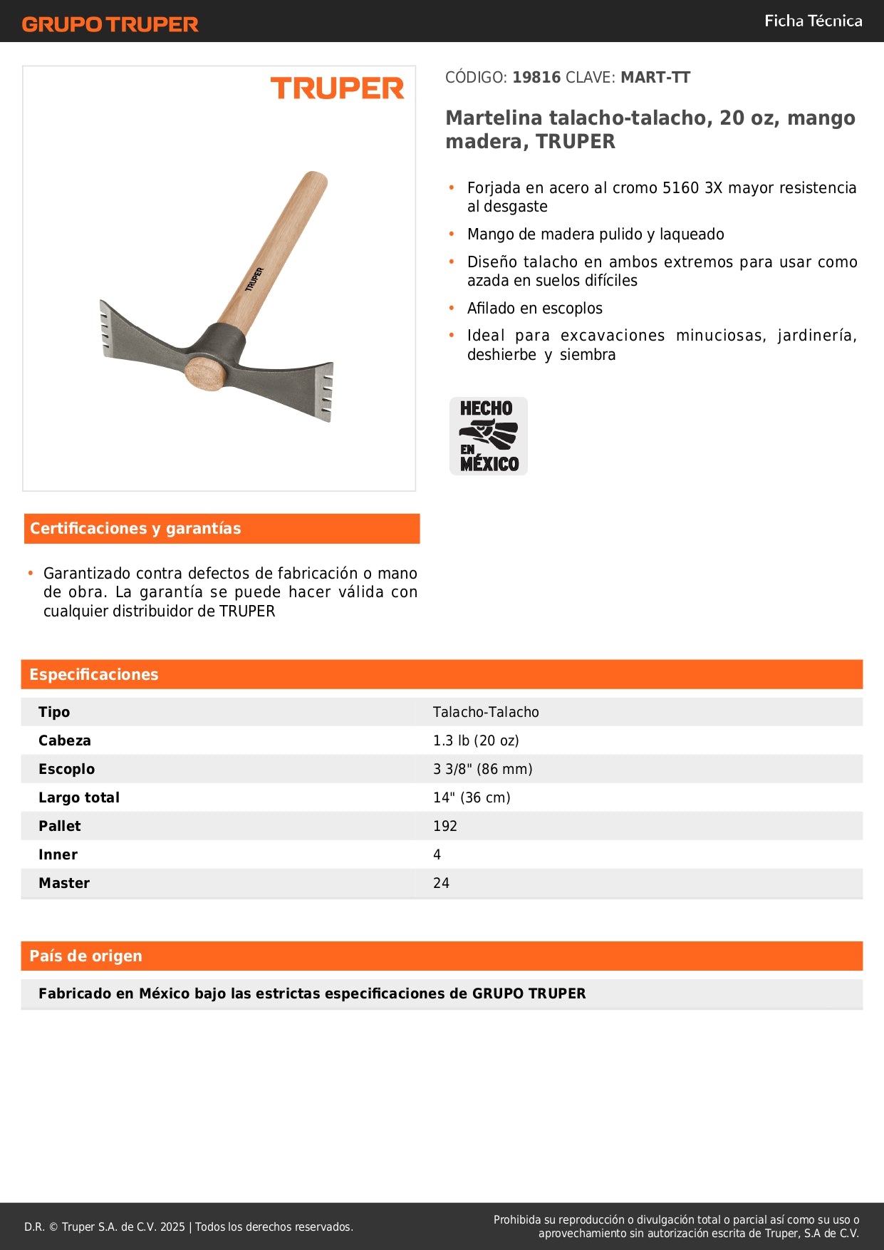 Martelina Talacho TRUPER 20 oz - Herramienta Profesional para Excavación, Jardinería y Deshierbe - Acero Cromo 5160 Alta Resistencia