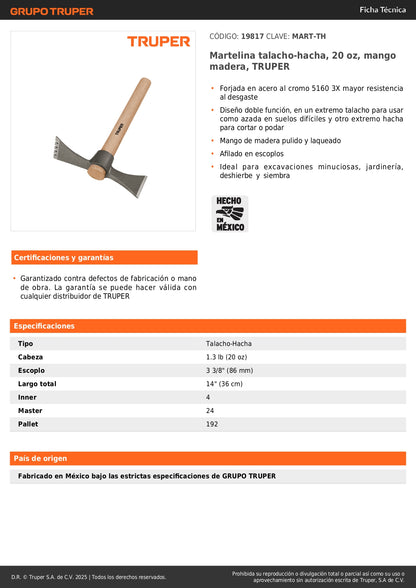Martelina Talacho-Hacha TRUPER 20oz MART-TH - Herramienta Doble Función Acero Cromo 5160 para Excavación Jardinería y Poda Profesional