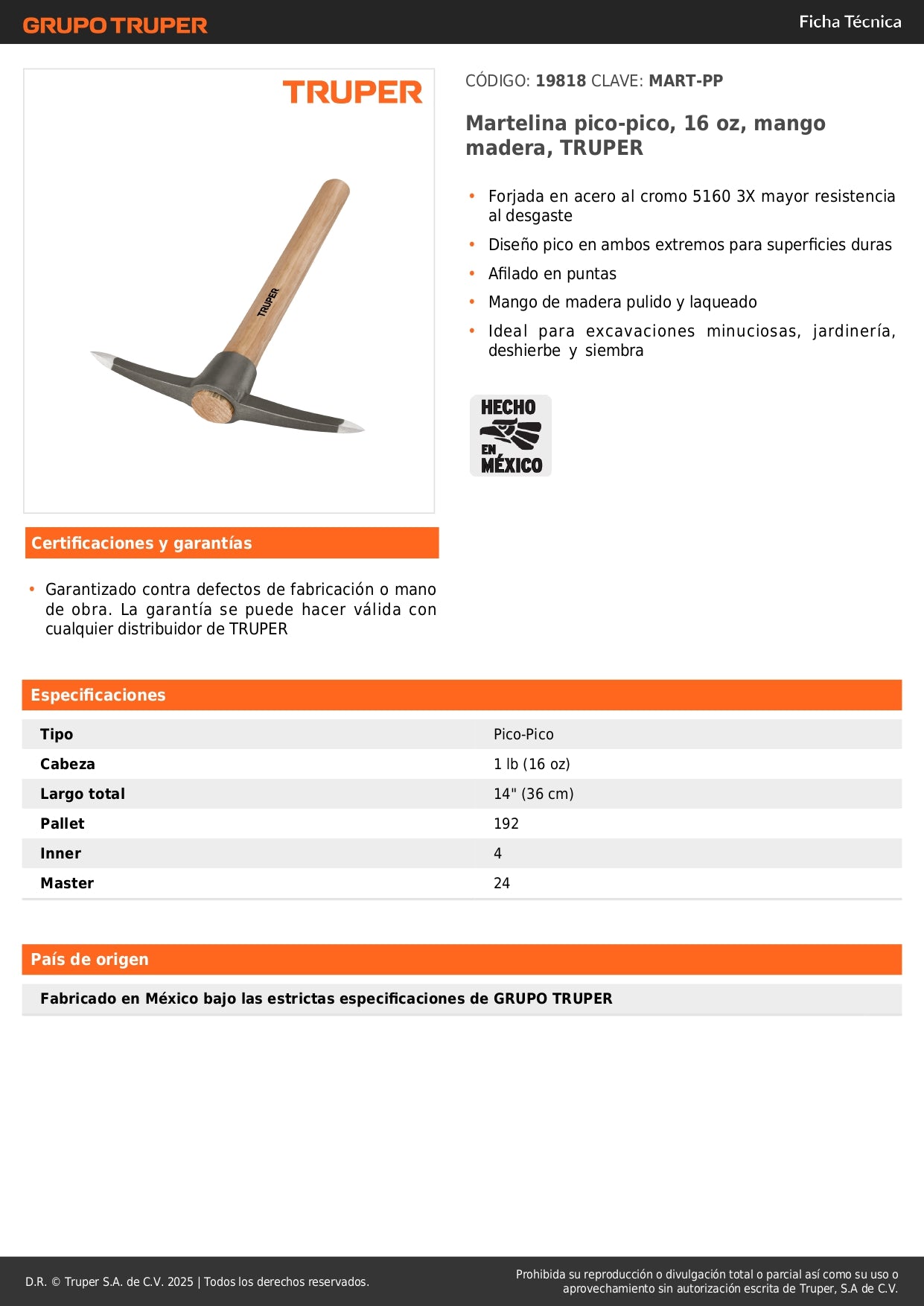 Martelina Pico-Pico TRUPER 16 oz - Martillo Especializado para Excavación, Jardinería y Deshierbe - Acero Cromo 5160 Alta Resistencia - MART-PP