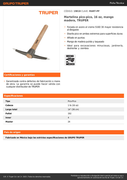 Martelina Pico-Pico TRUPER 16 oz - Martillo Especializado para Excavación, Jardinería y Deshierbe - Acero Cromo 5160 Alta Resistencia - MART-PP