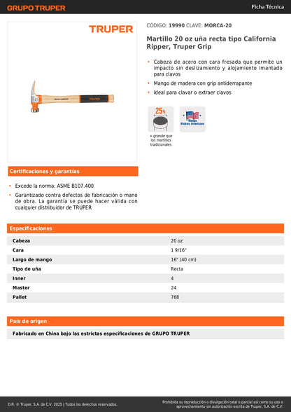 Martillo 20 oz Uña Recta California TRUPER GRIP MORCA-20 - Cabeza Acero Fresada Antideslizante con Imán para Clavos - Mango Madera Antiderrapante - Solución Profesional para Clavar y Extraer Clavos sin Esfuerzo