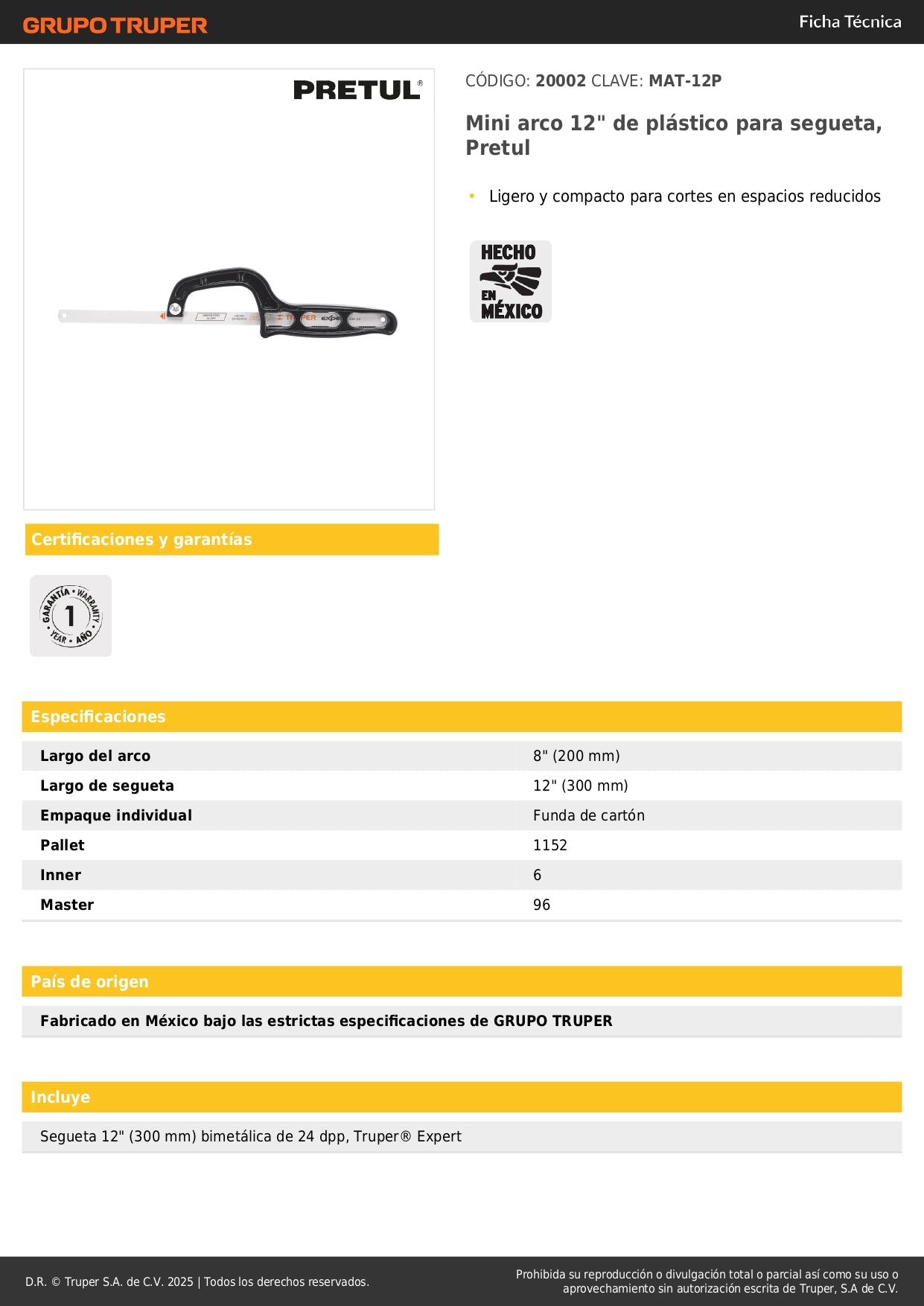 Mini Arco Segueta 12 Pulgadas Pretul MAT-12P - Solución Compacta para Cortes en Espacios Reducidos