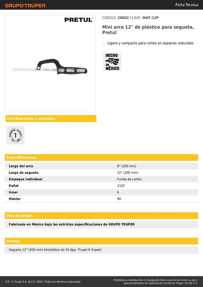 Mini Arco Segueta 12 Pulgadas Pretul MAT-12P - Solución Compacta para Cortes en Espacios Reducidos