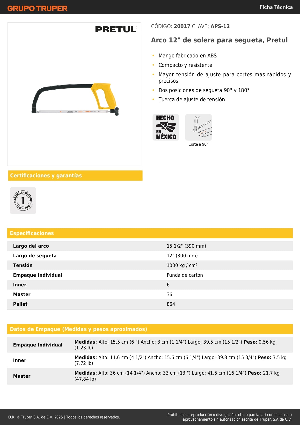 Arco de Segueta 12 Pulgadas Pretul APS-12 - Marco Profesional para Cortes Precisos en Metal y Madera
