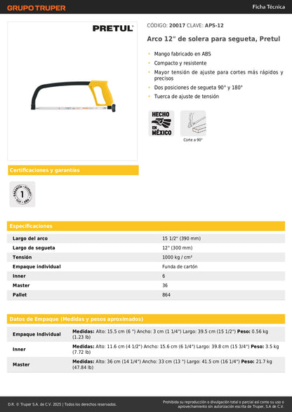 Arco de Segueta 12 Pulgadas Pretul APS-12 - Marco Profesional para Cortes Precisos en Metal y Madera
