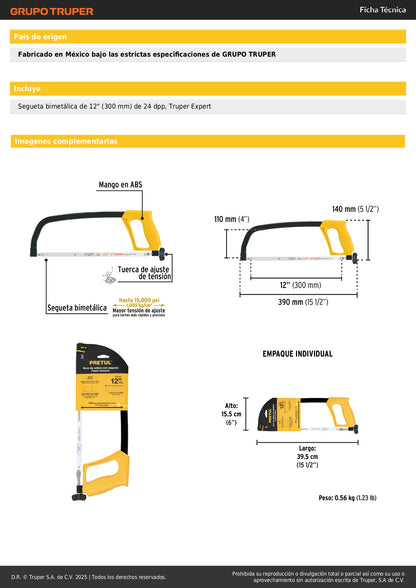 Arco de Segueta 12 Pulgadas Pretul APS-12 - Marco Profesional para Cortes Precisos en Metal y Madera