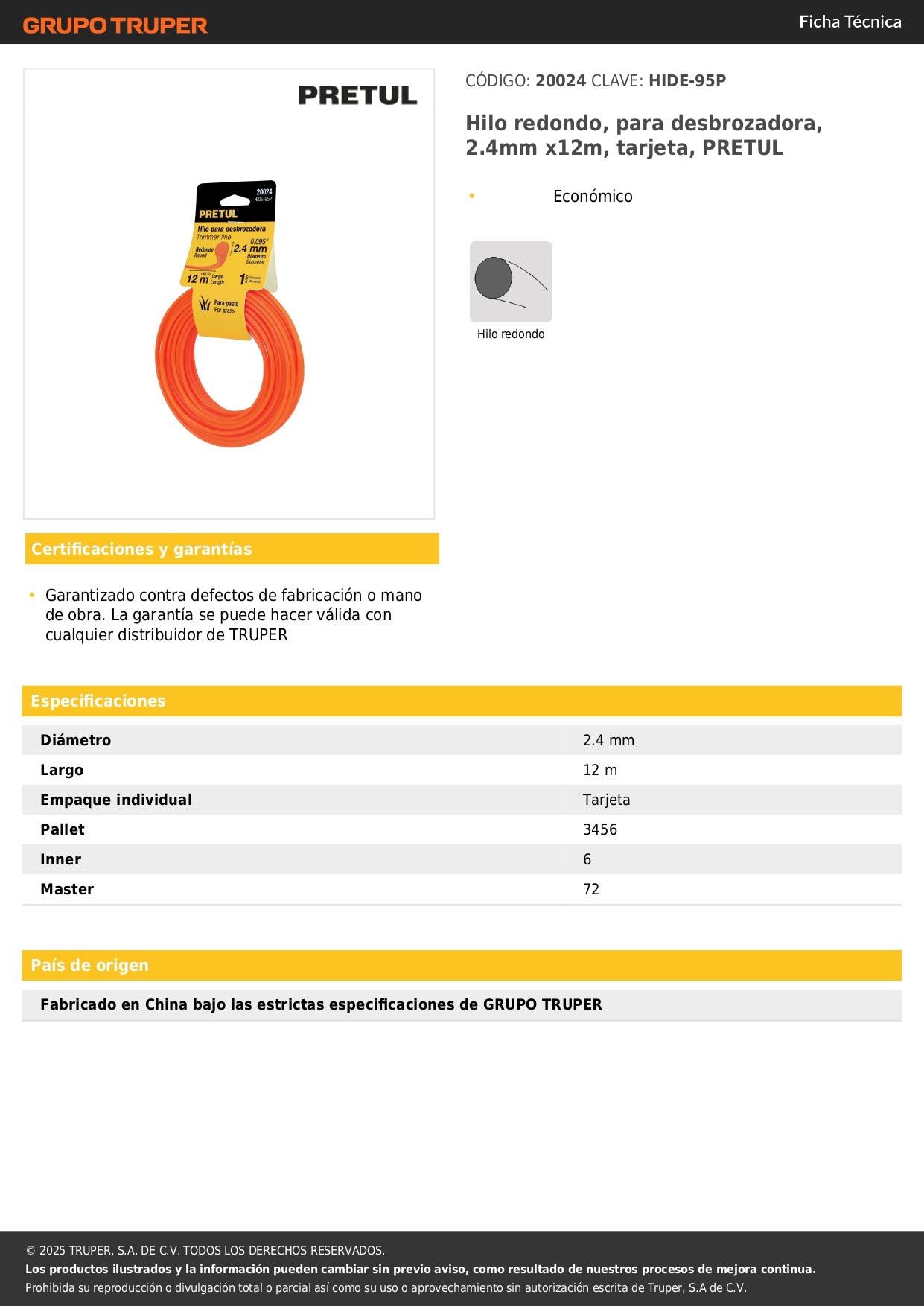 Hilo redondo, para desbrozadora, 2.4mm x12m, tarjeta, PRETUL