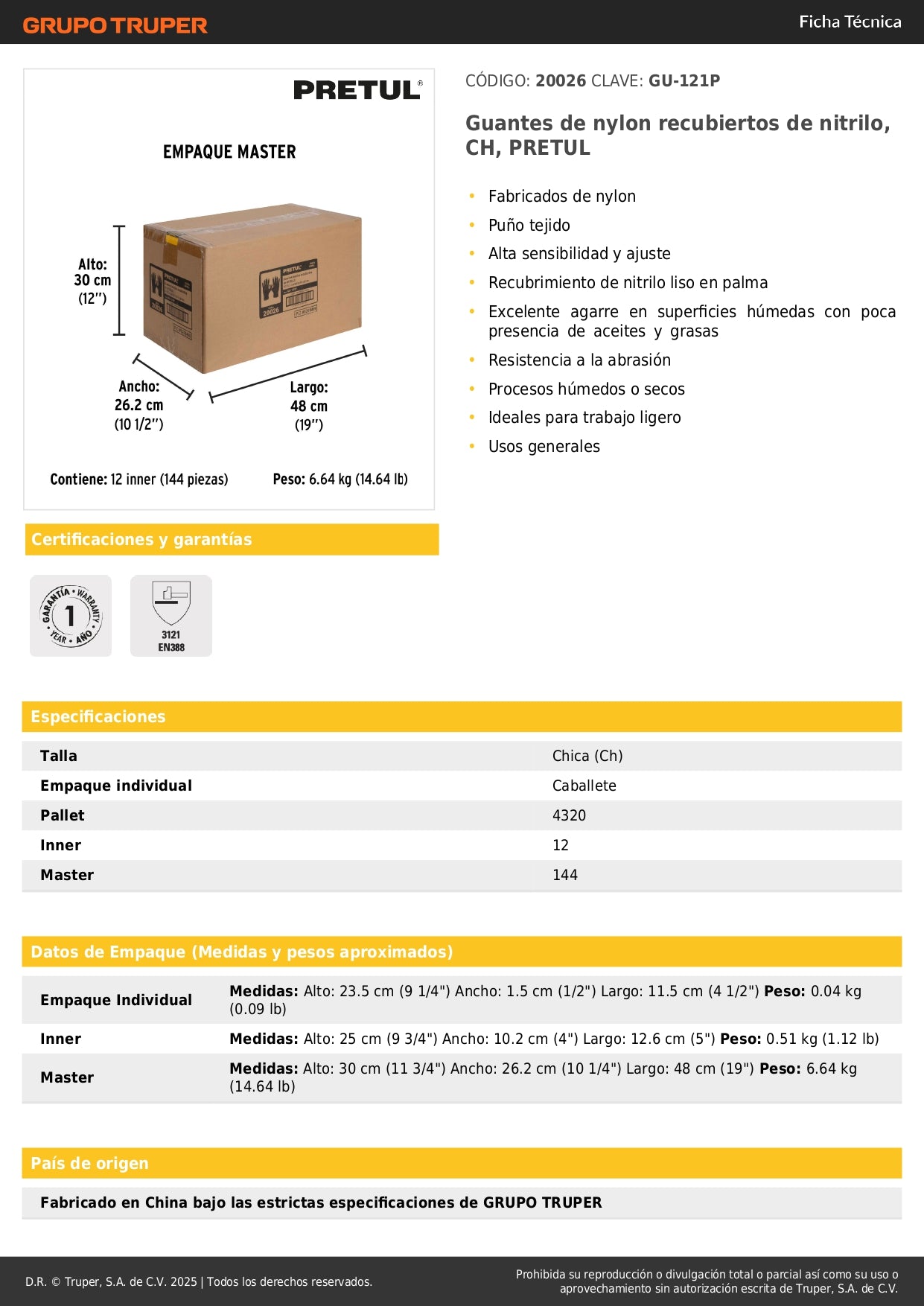 Guantes de Trabajo Nitrilo PRETUL GU-121P - Protección Antideslizante para Manos en Trabajos Húmedos y Secos - Nylon Recubierto Resistente Abrasión - Agarre Seguro Superficies Mojadas