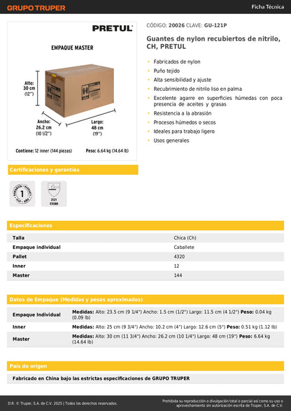 Guantes de Trabajo Nitrilo PRETUL GU-121P - Protección Antideslizante para Manos en Trabajos Húmedos y Secos - Nylon Recubierto Resistente Abrasión - Agarre Seguro Superficies Mojadas